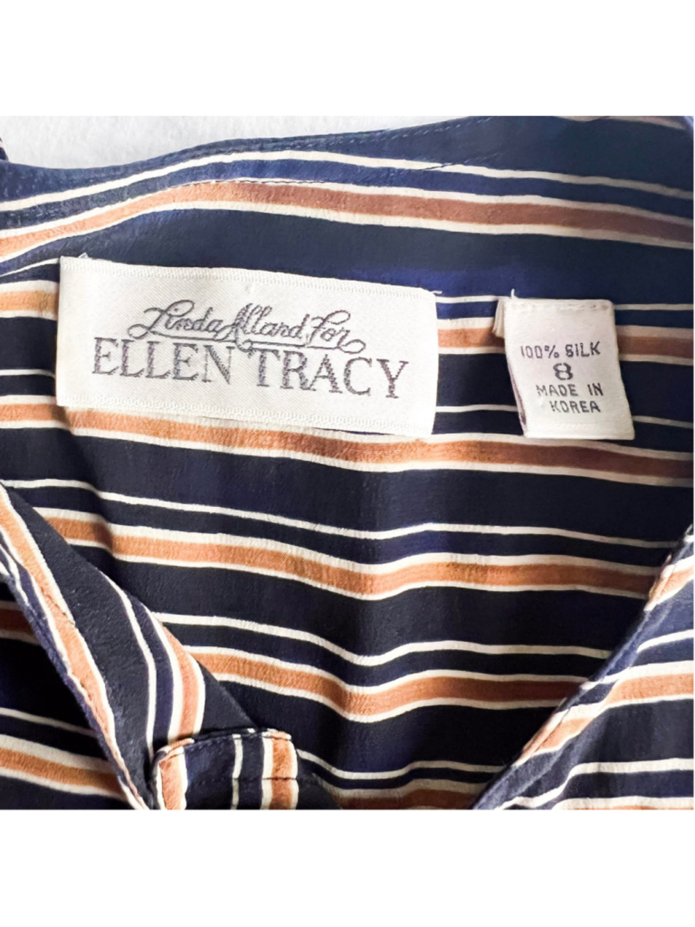 Linda Allard Ellen Tracy 100% Silk Long Sleeve Striped Button Up Blouse Sz 8 - Picture 4 of 10